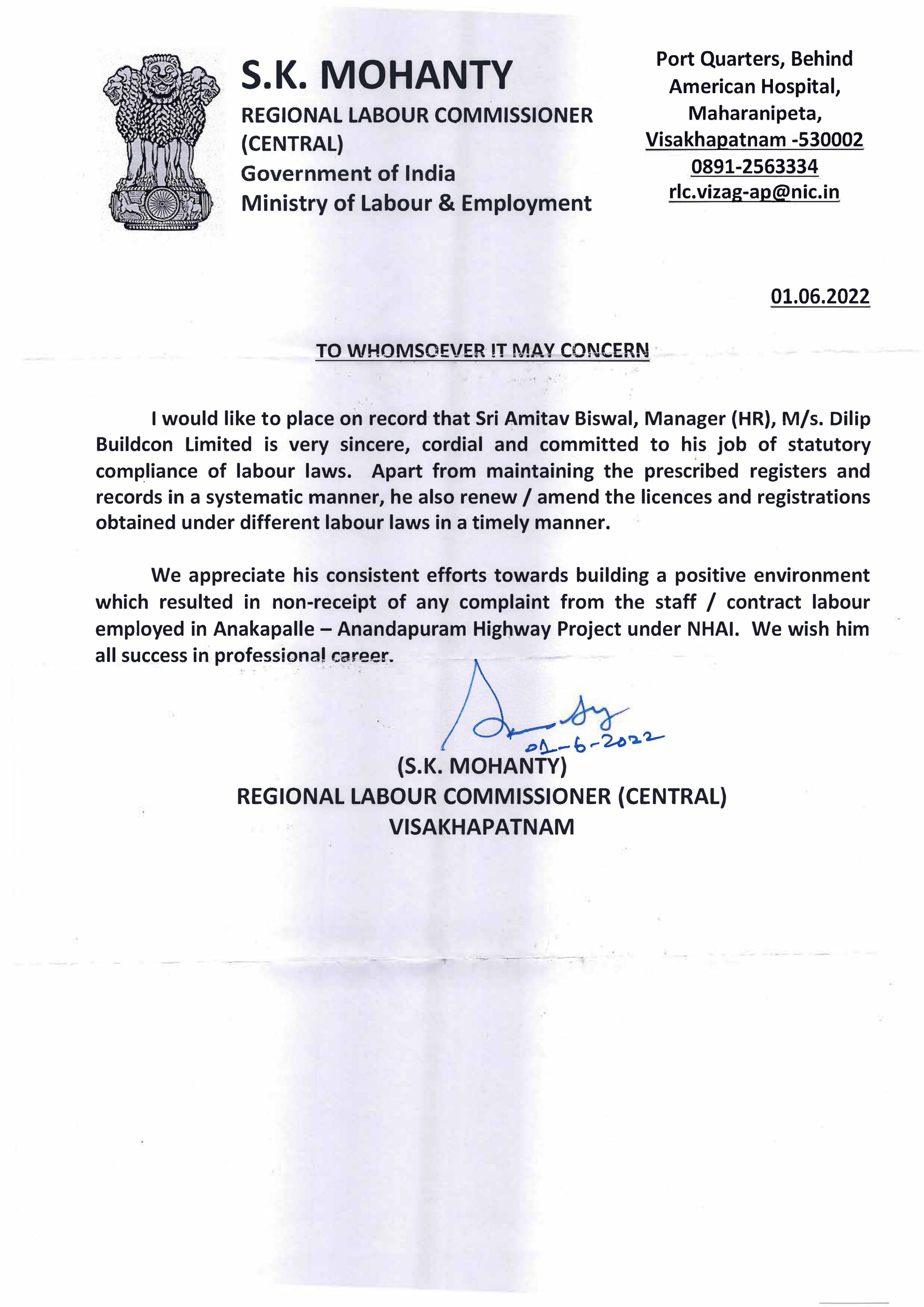 Appreciation Letter Received from Regional Labour Commissioner, Visakhapatnam