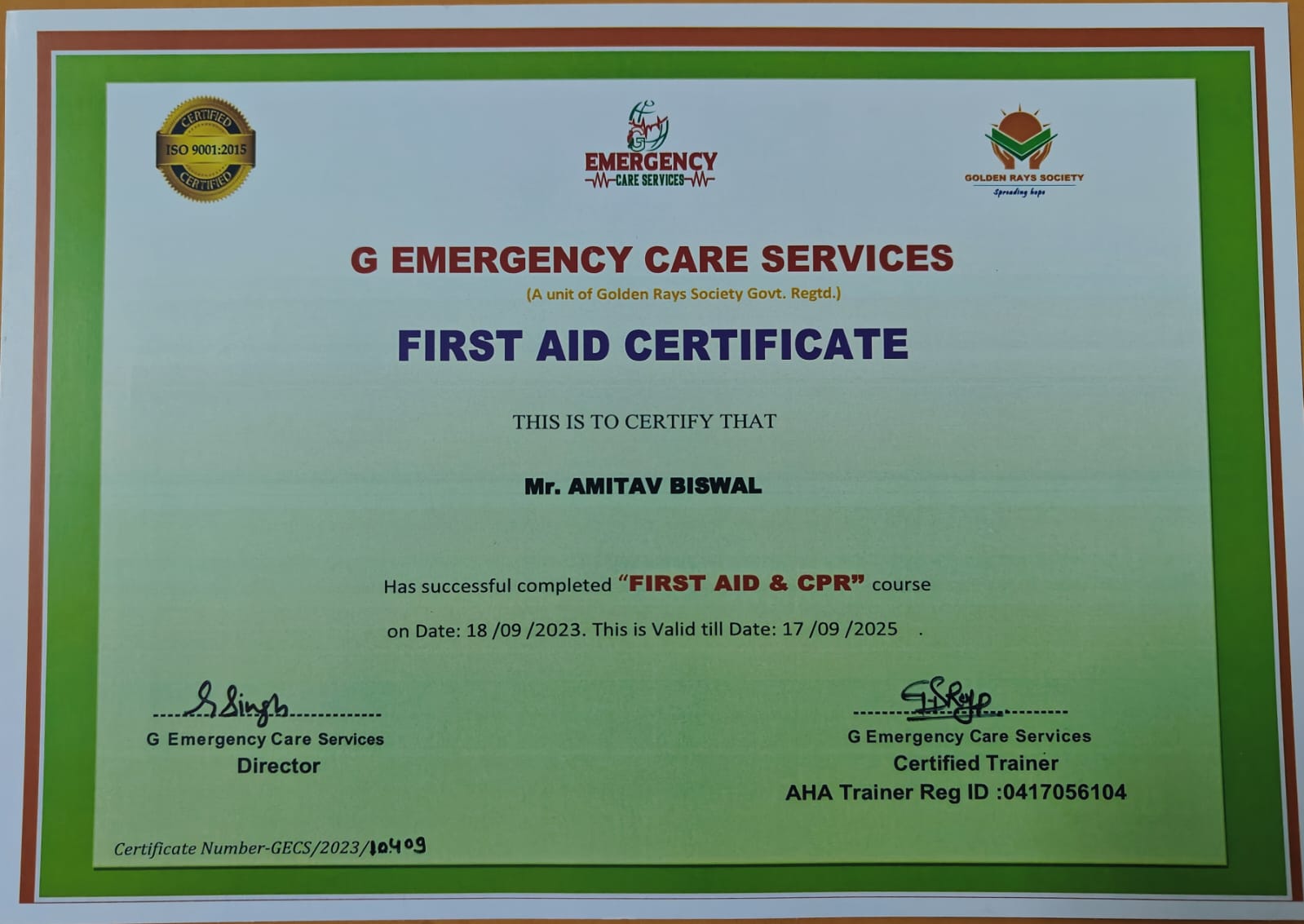First Aid Certificate.
