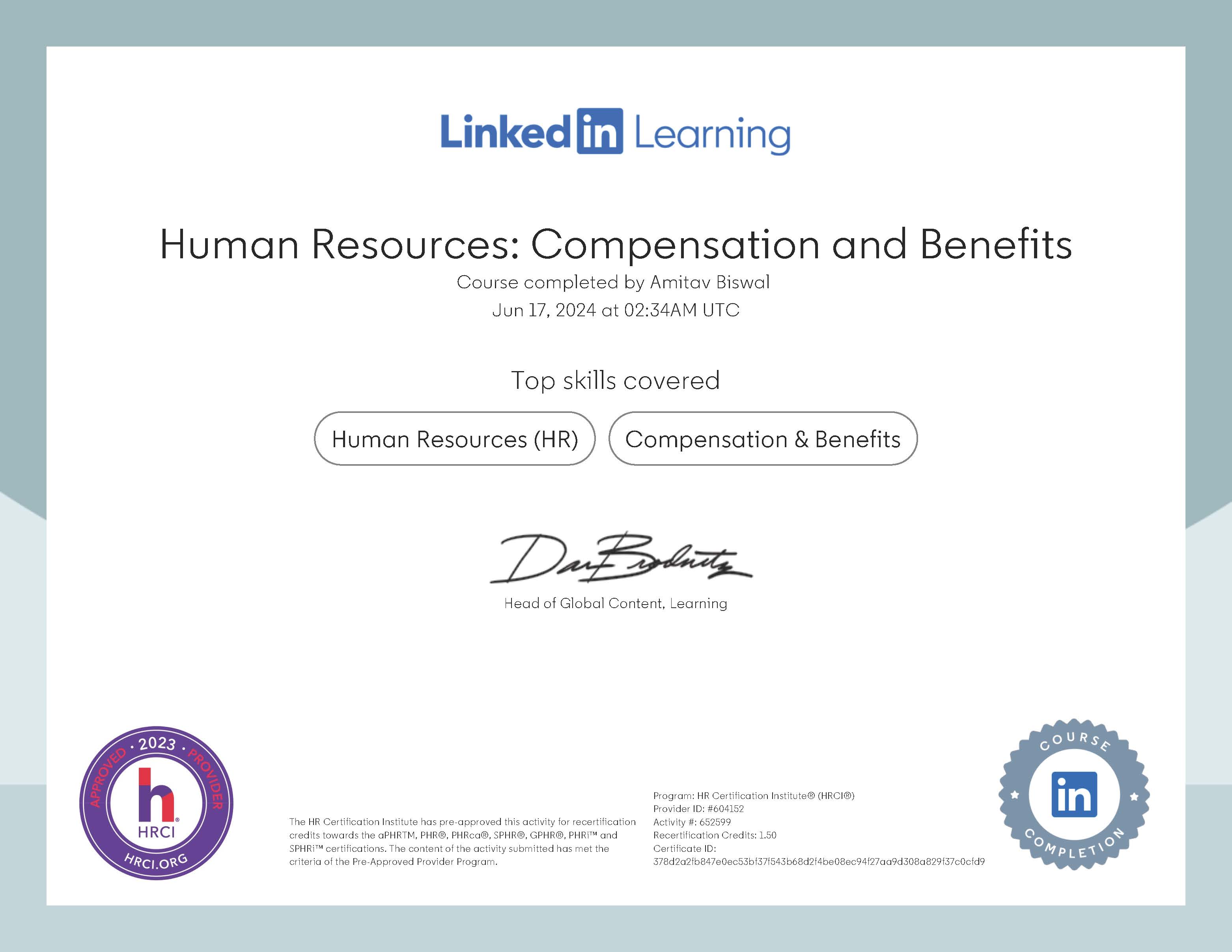 Human Resources: Compensation and Benefits by Linkedin Learning - (HRCI) Approved