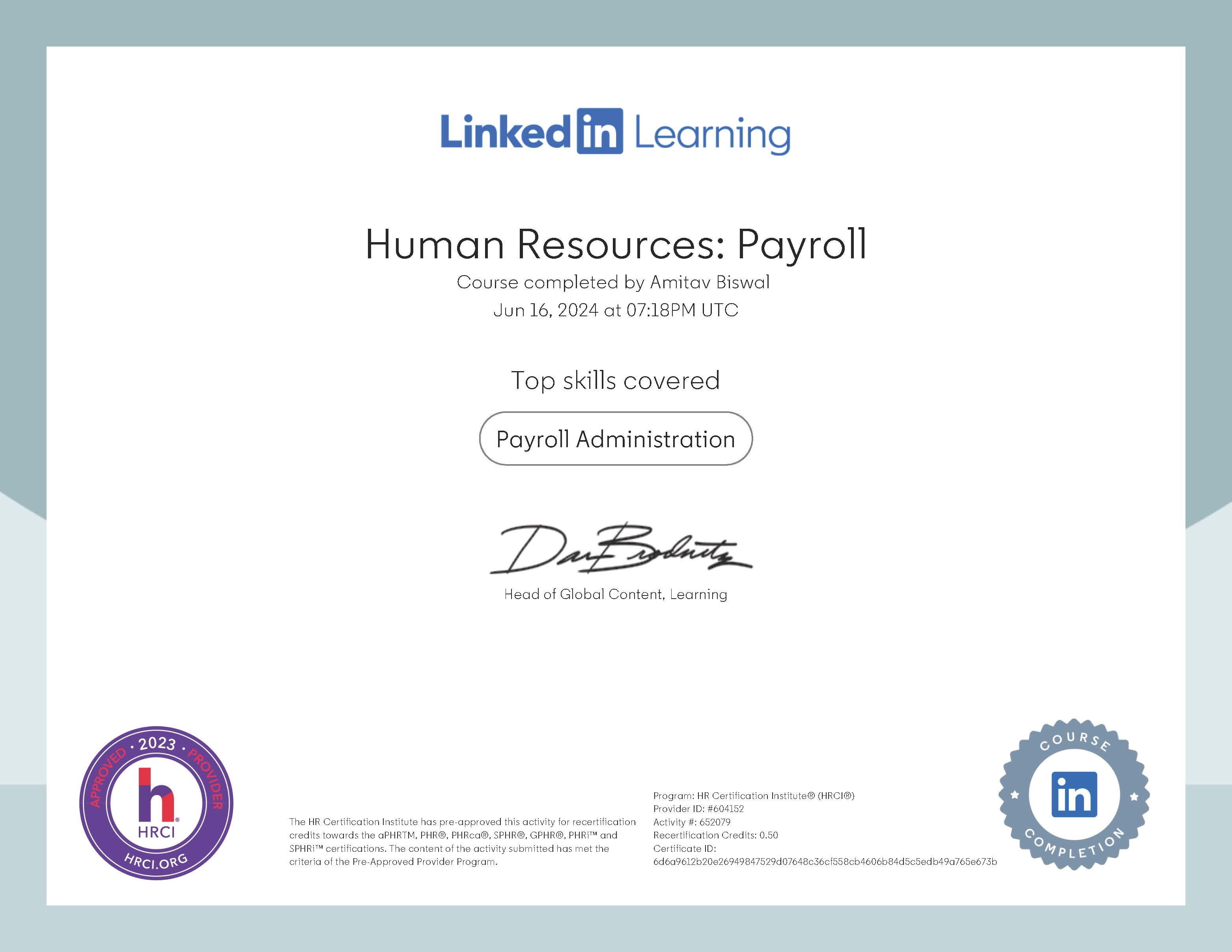 Human Resources: Payroll by Linkedin Learning - (HRCI) Approved