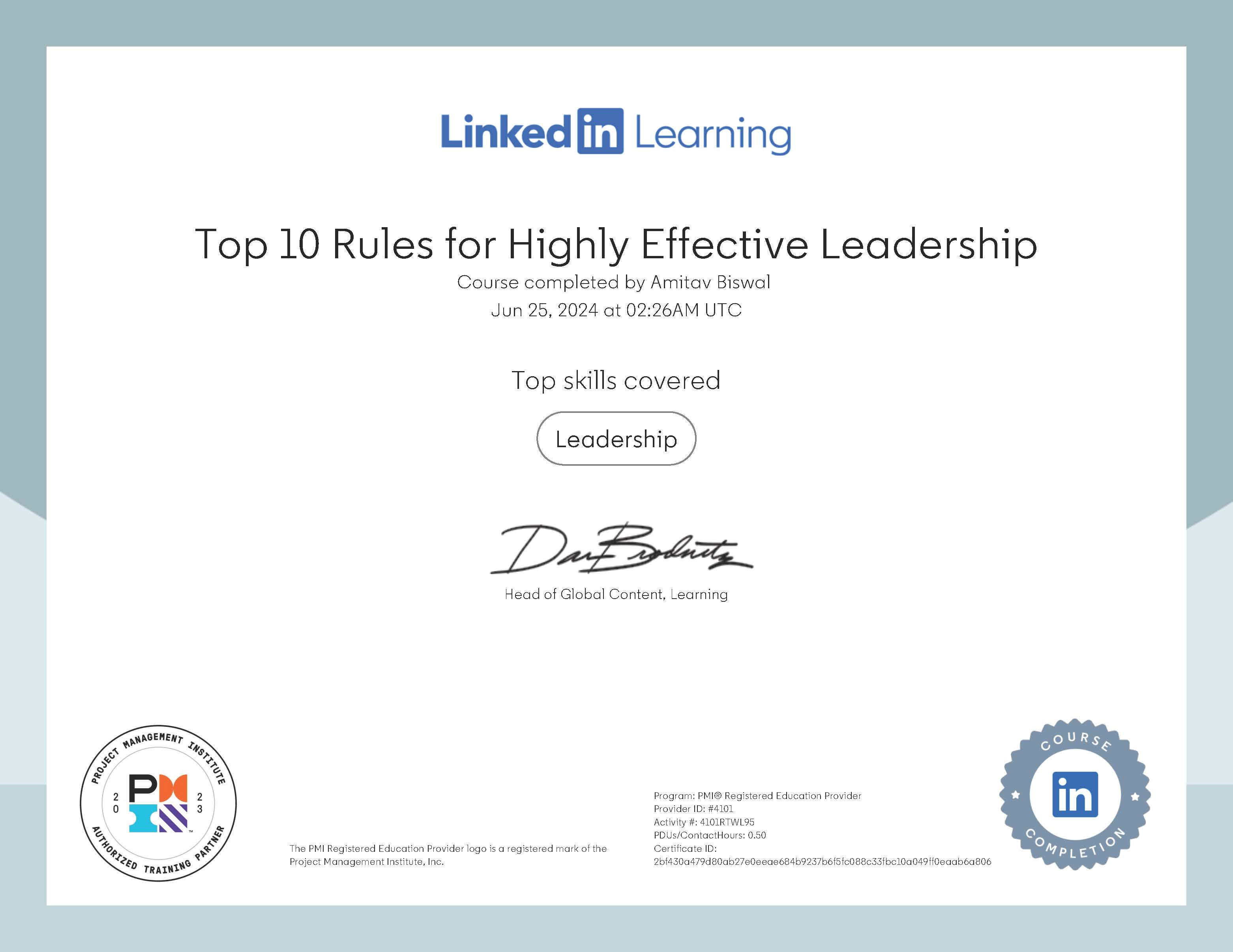 Top 10 Rules for Highly Effective Leadership by Linkedin Learning - (PMI) Approved