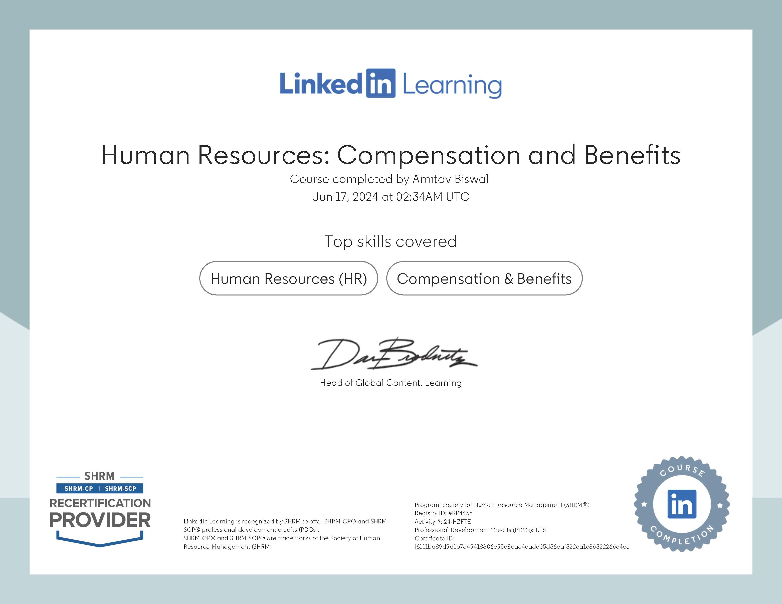 Human Resources: Compensation and Benefits by Linkedin Learning - (SHRM) Approved